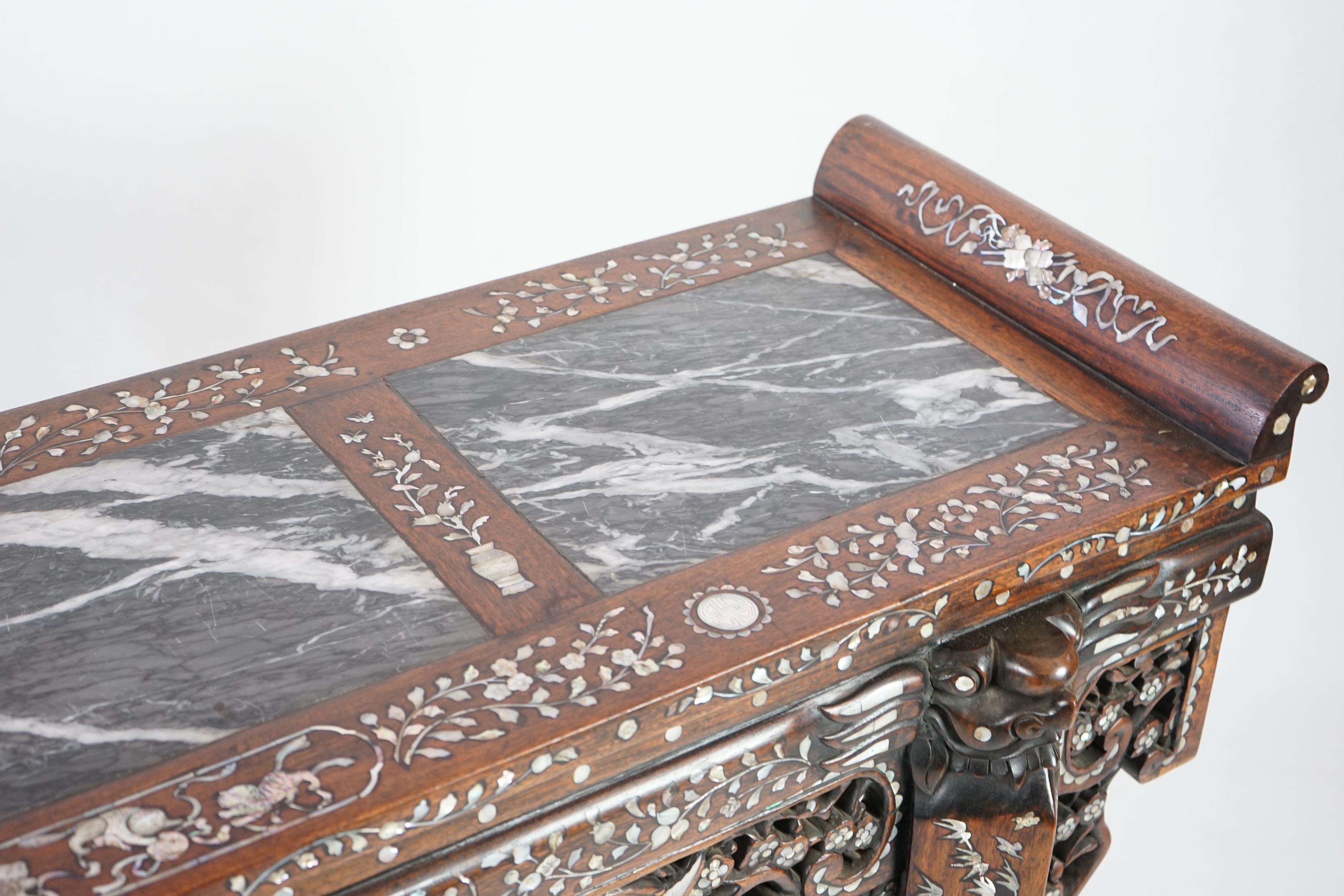 A good Chinese mother-of-pearl inlaid and marble topped hongmu altar table, late 19th/early 20th century